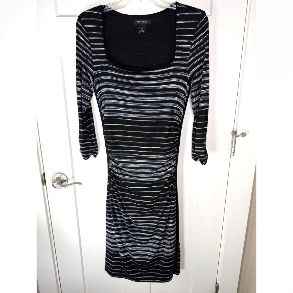 White House Black Market Striped Ruched Sheath Dress Black White Square Neck S - Picture 2 of 8